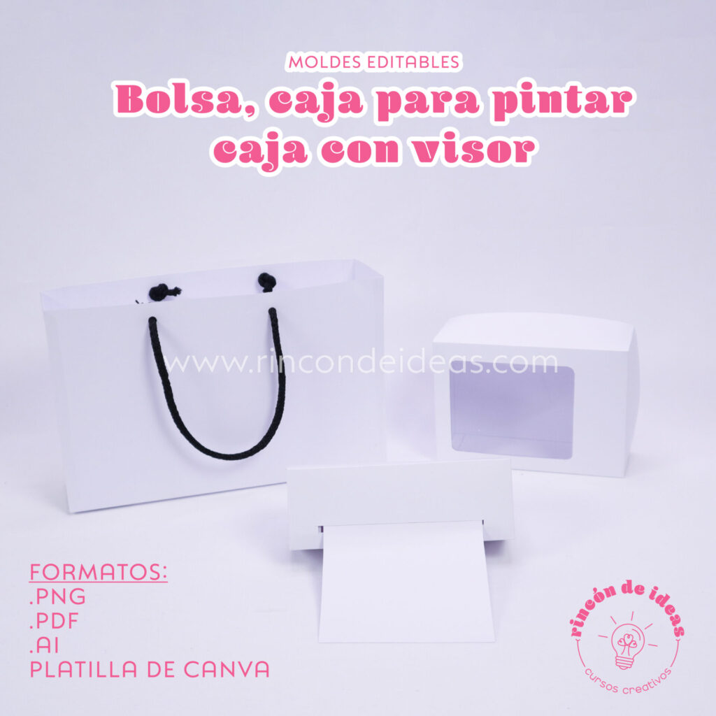 Molde editable: bolsa, caja para pintar y caja con visor.